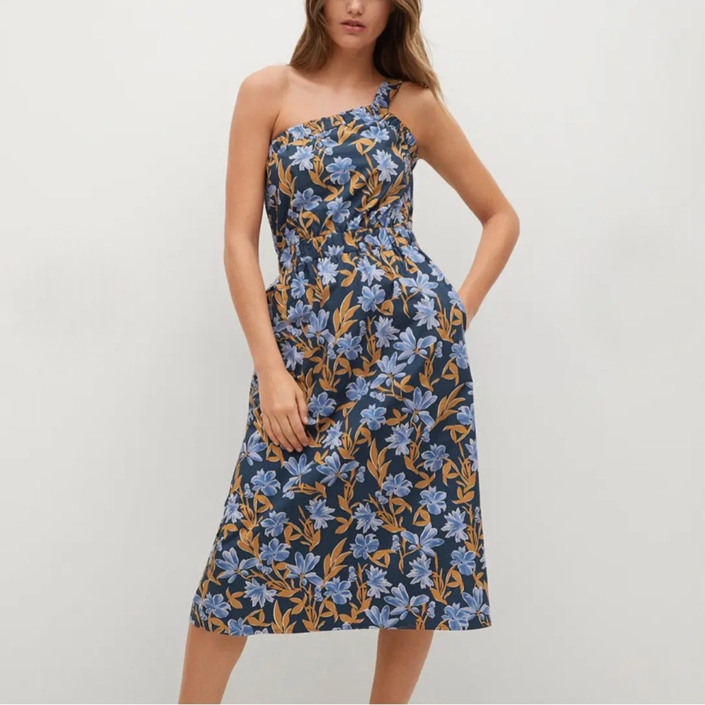 Mango Single Strap Navy Floral Midi Dress 6